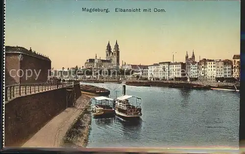 Magdeburg Partie an der Elbe Dampfer Kahn Binnenschiffahrt Dom Kat. Magdeburg