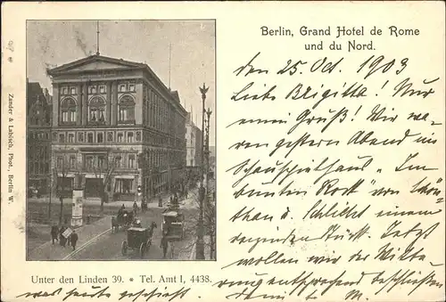 Berlin Grand Hotel de Rome Hotel du Nord Unter den Linden Pferdekutsche Kat. Berlin