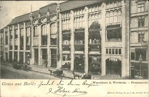 Berlin Warenhaus A. Wertheim Frontansicht Pferdedroschke Kat. Berlin