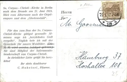 Berlin Corpus Christi Kirche nach Brand am 21. Juni 1915 Orgelempore Glockenstuhl Kat. Berlin