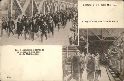 Berlin Croquis de Guerre 1914 Depart Gare Deutsche Reservisten Bahnhof Weltkrieg Kat. Berlin