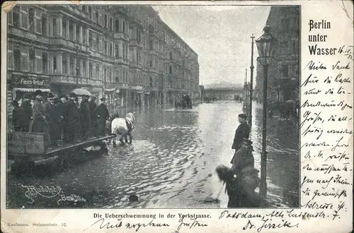 Berlin unter Wasser ueberschwemmung Yorkstrasse Pferdefuhrwerk Kat. Berlin