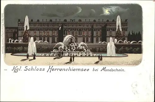 Chiemsee Schloss Herrenchiemsee bei Mondschein Brunnen Kat. Chiemsee