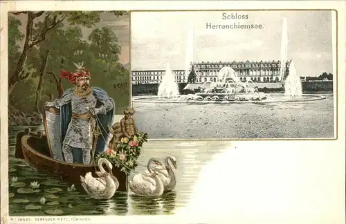 Chiemsee Schloss Herrenchiemsee Schwaene Ludwig 2. auf Boot Praegedruck Kat. Chiemsee