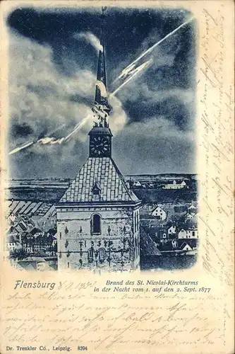 Flensburg Brand des St. Nicolai Kirchturm 1877 Kat. Flensburg