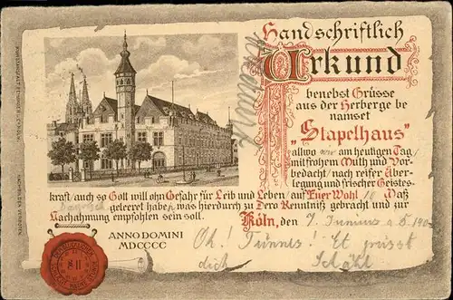 Koeln Rhein Stapelhaus Urkunde Siegel Kat. Koeln