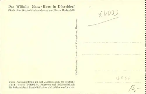 Duesseldorf Wilhelm Marx Haus Kuenstlerkarte nach Steinzeichnung von Hanns Herkendell Kat. Duesseldorf