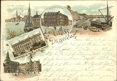 Duesseldorf Rheinufer Schiffbruecke Kunstgewerbe Schule Schiff Justizgebaeude Markt Denkmal Kurfuerst Johann Wilhelm Bahnpost Kat. Duesseldorf