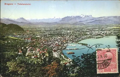 Bregenz Vorarlberg Totalansicht mit Alpenblick Bodensee Hafen Stempel auf AK Kat. Bregenz