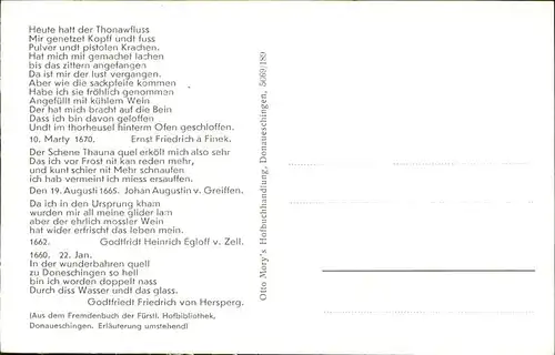 Donaueschingen Geschichte des Donau Ursprungs Donauquelle Gedicht Kat. Donaueschingen