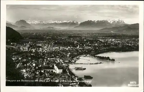 Bregenz Vorarlberg Gesamtansicht mit Blick auf Saentis und Altmann Bodensee Hafen Kat. Bregenz