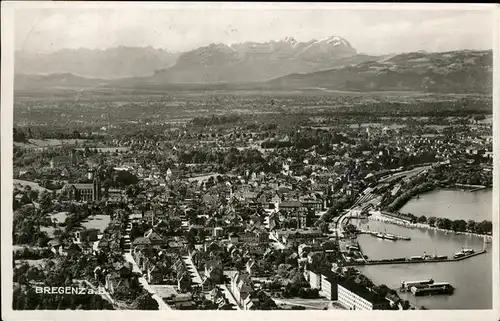 Bregenz Vorarlberg Gesamtansicht mit Alpenpanorama Bodensee Hafen Fliegeraufnahme Kat. Bregenz