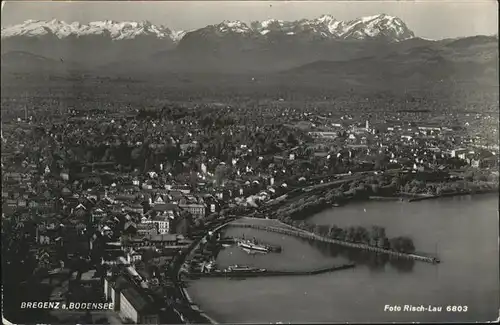 Bregenz Vorarlberg Gesamtansicht mit Alpenpanorama Bodensee Hafen Fliegeraufnahme Kat. Bregenz