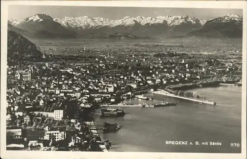 Bregenz Vorarlberg Gesamtansicht mit Alpenpanorama Saentis Hafen Bodensee Fliegeraufnahme Kat. Bregenz