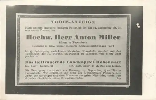 Tegernbach Pfaffenhofen Todesanzeige Pfarrer Miller Kat. Pfaffenhofen a.d.Ilm