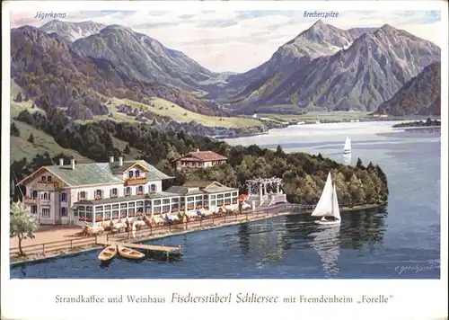 Schliersee Partie am Schliersee mit Strandkaffee und Weinhaus Fischerstueberl Kat. Schliersee