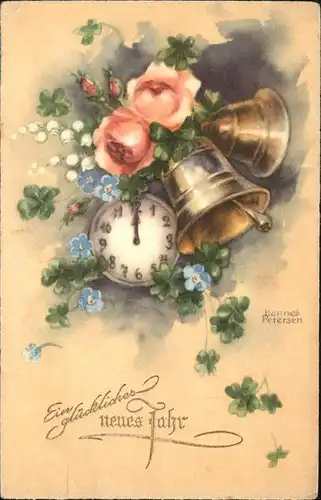 Petersen Hannes Neujahr Kirchenglocken Uhr Rosen Kat. Kuenstlerkarte