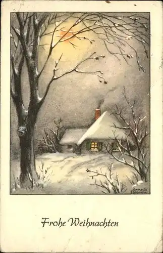 Petersen Hannes Weihnachten Haus Baum Mond Kat. Kuenstlerkarte