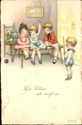 Petersen Hannes Kinder Schule Puppen  Kat. Kuenstlerkarte
