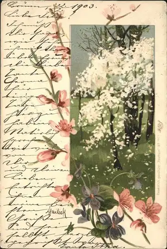 Mailick Nr. 4624 Posthorn Blumen Baeume Kat. Kuenstlerlitho