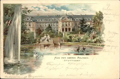 Schnorr P. Nr. 506 Anlagen Stuttgart Schwan Kat. Kuenstlerlitho