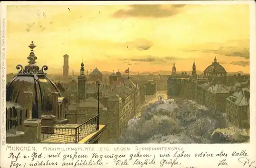 Diemer Zeno Litho Nr. 2054 Muenchen Maximiliansplatz Sonnenuntergang Kat. Kuenstlerkarte