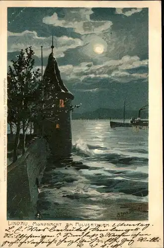 Diemer Zeno Litho Nr. 1775 Lindau Pulverturm Mondnacht Kat. Kuenstlerkarte
