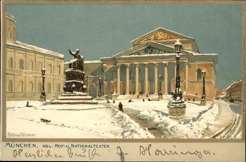 Diemer Zeno Litho Nr. 1038 Muenchen Kgl. Hof  und Nationaltheater Kat. Kuenstlerkarte