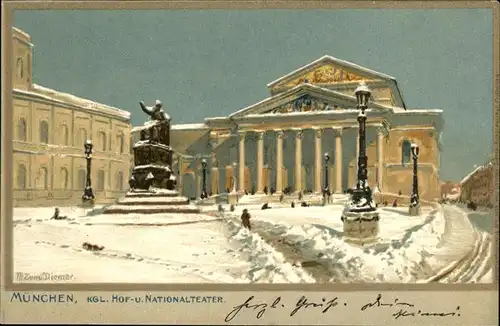 Diemer Zeno Litho Nr. 1038 Muenchen Kgl. Hof und Nationaltheater Kat. Kuenstlerkarte