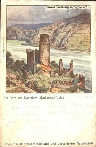 Wille F.v. Ruine Fuerstenberg Bacharach Kat. Kuenstlerlitho