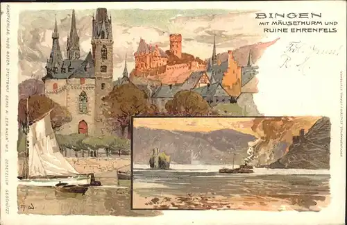 Wielandt Manuel Litho Der Rhein Nr. 2 Bingen Maeuseturm Ruine Ehrenfels Kat. Kuenstlerkarte