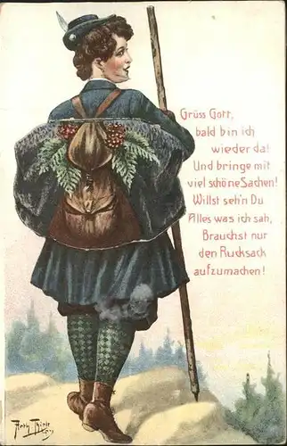 Thiele Arthur Nr. 804 Touristin wandern Rucksack  Kat. Kuenstlerkarte