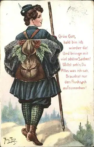 Thiele Arthur Nr. 804 Touristin Wanderung Rucksack  Kat. Kuenstlerkarte