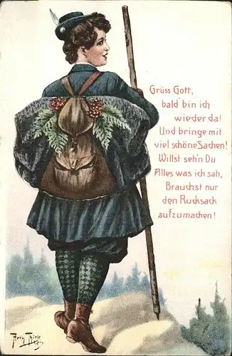 Thiele Arthur Nr. 804 Touristin Wanderung Rucksack Kat. Kuenstlerkarte