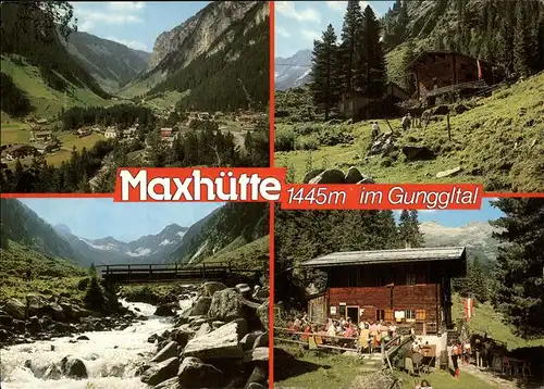 Ginzling Maxhuette im Gunggltal Blick zum Feldkopf Melkerscharte Ochsner Zillertaler Alpen Bergbach Bruecke Kat. Mayrhofen