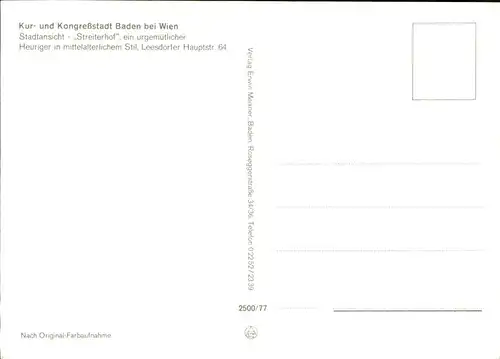 Baden Wien Stadtansicht Kirche Restaurant Streiterhof Kat. Baden