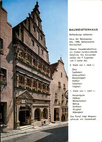 Rothenburg Tauber Baumeisterhaus Cafe Restaurant Renaissance erbaut 1596 Patrizierhof Fassade Wappenschmuck Loewenkopf Kat. Rothenburg ob der Tauber