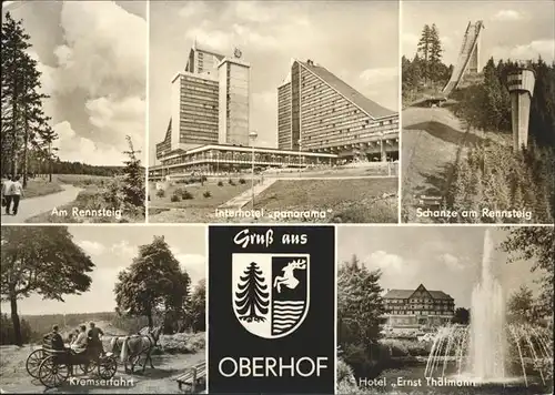 Oberhof Thueringen Am Rennsteig Interhotel Panorama Schanze Kremserfahrt Pferdekutsche Hotel Ernst Thaelmann Fontaene Wappen Kat. Oberhof Thueringen