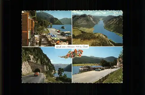 Achensee Hotel Scholastika Terrasse Landungssteg Faehrschiff Blick vom Baerenkopf Seehof Tunnel Alpenblume Kat. Eben am Achensee