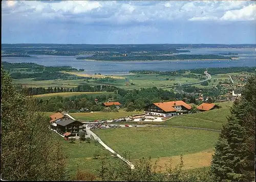 Bernau Chiemsee Blick ueber Saiserhof und Saiseralm Herreninsel Kat. Bernau a.Chiemsee