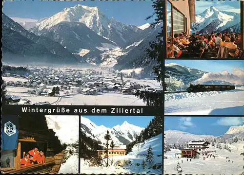 Mayrhofen Zillertal Panorama mit Gruenberg Pankenbahn Bergrestaurant Zillertalbahn Schischule Kat. Mayrhofen