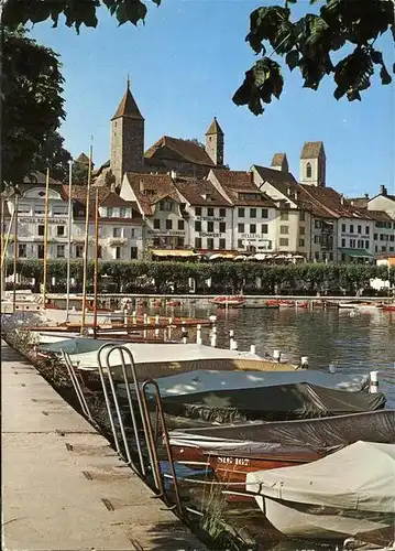 Rapperswil SG Hafenpartie am Zuerichsee Boot Kirche Kat. Rapperswil SG