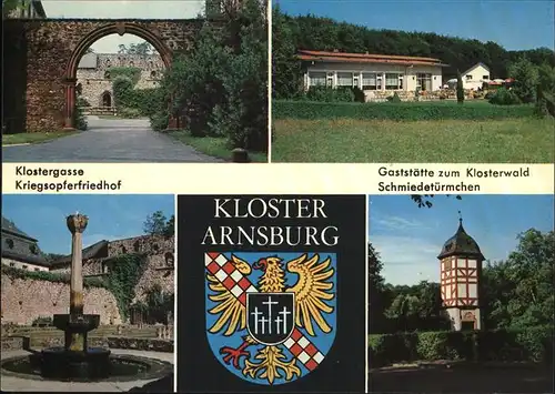 Arnsburg Hessen Kloster Kriegsopferfriedhof Gaststaette zum Klosterwald Schmiedtuermchen Wappen Kat. Lich