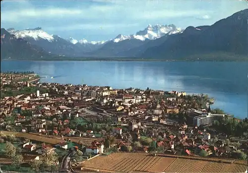 Vevey VD Panorama mit Peilz Turm und Dent du Midi Kat. Vevey