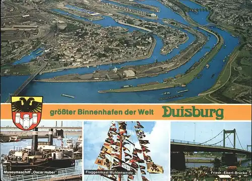 Duisburg Ruhr Fliegeraufnahme mit Museumsschiff Flaggenmast Friedr Ebert Bruecke / Duisburg /Duisburg Stadtkreis