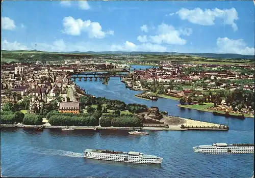 Koblenz Coblenz Panorama Deutsches Eck mit Rhein und Mosel Faehrschiffe Kat. Koblenz