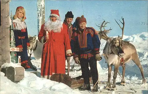 Hirsch Weihnachtsmann Schlitten Schnee Finnland Kat. Tiere