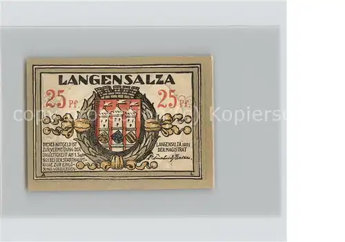Bad Langensalza 25 Pfennig Schein Kat. Bad Langensalza