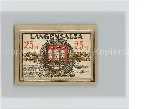 Bad Langensalza 25 Pfennig Schein Kat. Bad Langensalza