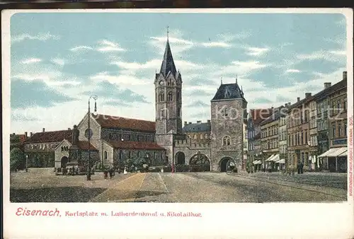 Eisenach Thueringen Karlsplatz Lutherdenkmal Nikolaikirche und  tor Kat. Eisenach